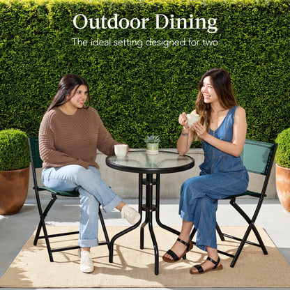 3-Piece Bistro Set w/ Glass Table, 2 Foldable Chairs