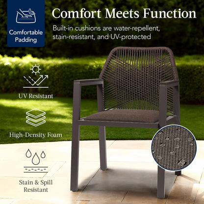 Set of 2 Indoor/Outdoor Aluminum Dining Chairs with Arms All-Weather Rope