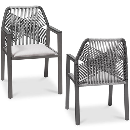 Set of 2 Indoor/Outdoor Aluminum Dining Chairs with Arms All-Weather Rope