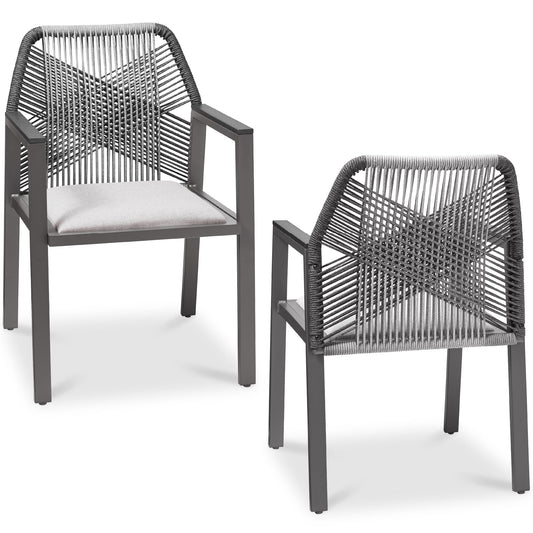 Set of 2 Indoor/Outdoor Aluminum Dining Chairs with Arms All-Weather Rope