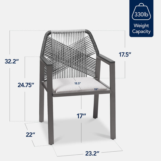 Set of 2 Indoor/Outdoor Aluminum Dining Chairs with Arms All-Weather Rope