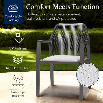 Set of 2 Indoor/Outdoor Aluminum Dining Chairs with Arms All-Weather Rope