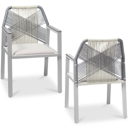 Set of 2 Indoor/Outdoor Aluminum Dining Chairs with Arms All-Weather Rope