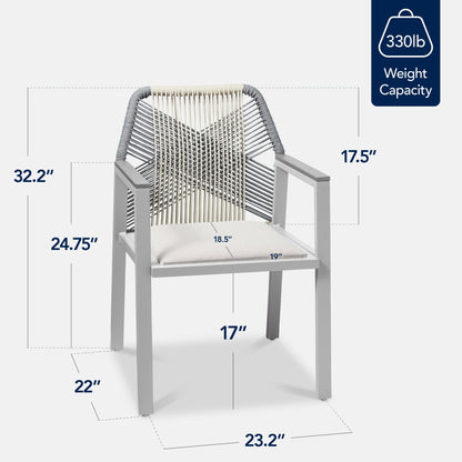 Set of 2 Indoor/Outdoor Aluminum Dining Chairs with Arms All-Weather Rope