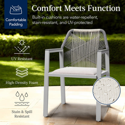 Set of 2 Indoor/Outdoor Aluminum Dining Chairs with Arms All-Weather Rope