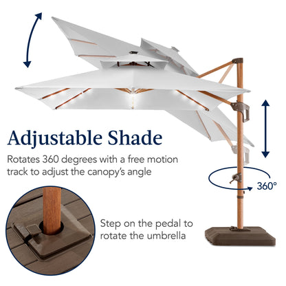 Woodgrain Pattern 2-Tier Outdoor Solar LED Cantilever Umbrella - 10x10ft