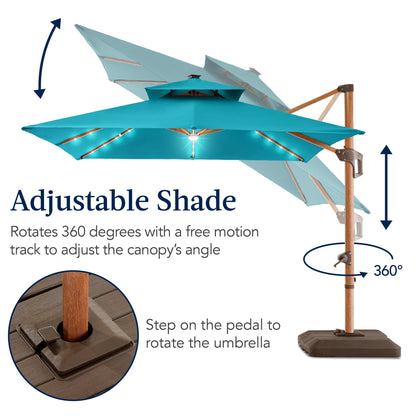 Woodgrain Pattern 2-Tier Outdoor Solar LED Cantilever Umbrella - 10x10ft