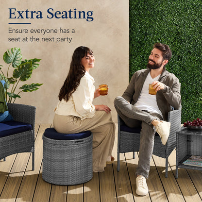 Round Wicker Ottoman, Multipurpose Furniture w/ Removable Cushion