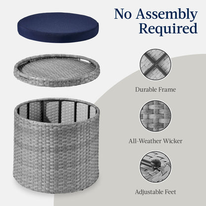 Round Wicker Ottoman, Multipurpose Furniture w/ Removable Cushion