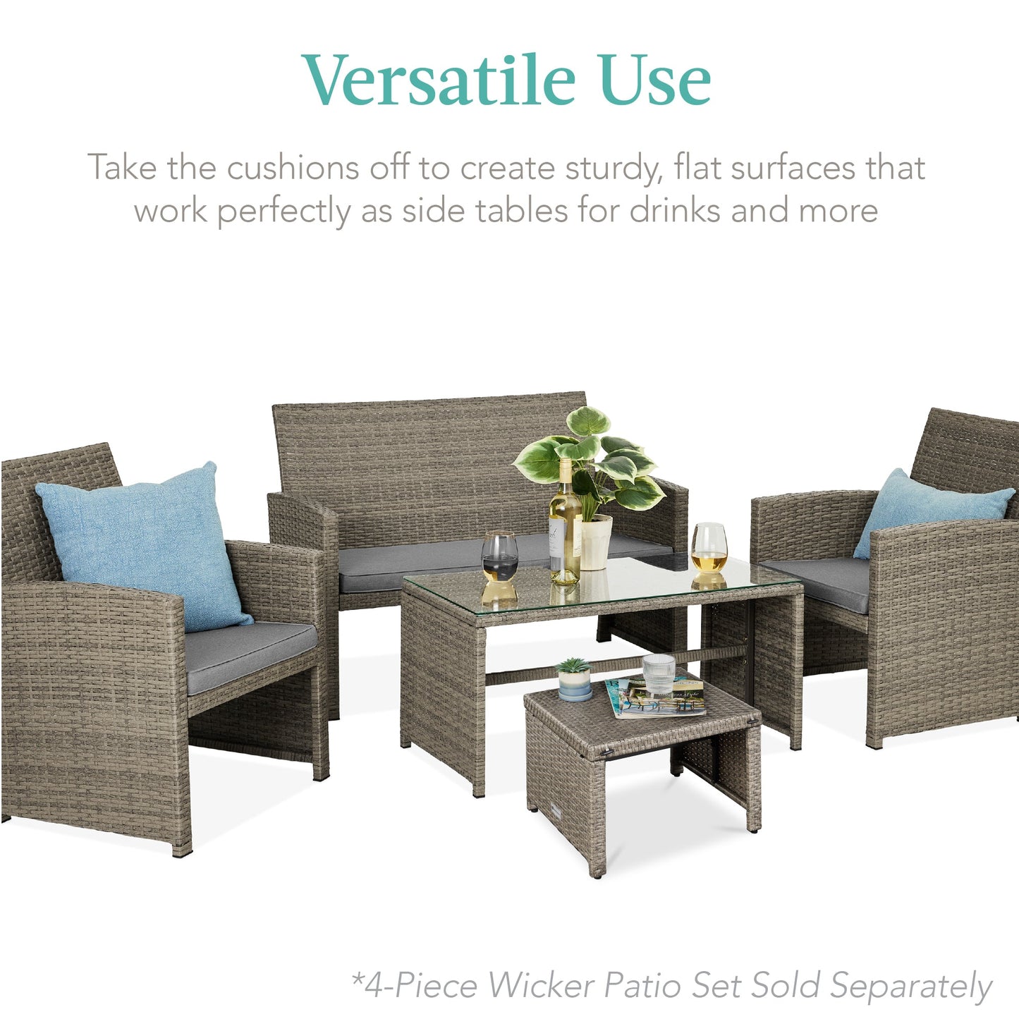 Set of 2 Multipurpose Wicker Ottomans w/ Removable Cushions, Steel Frame