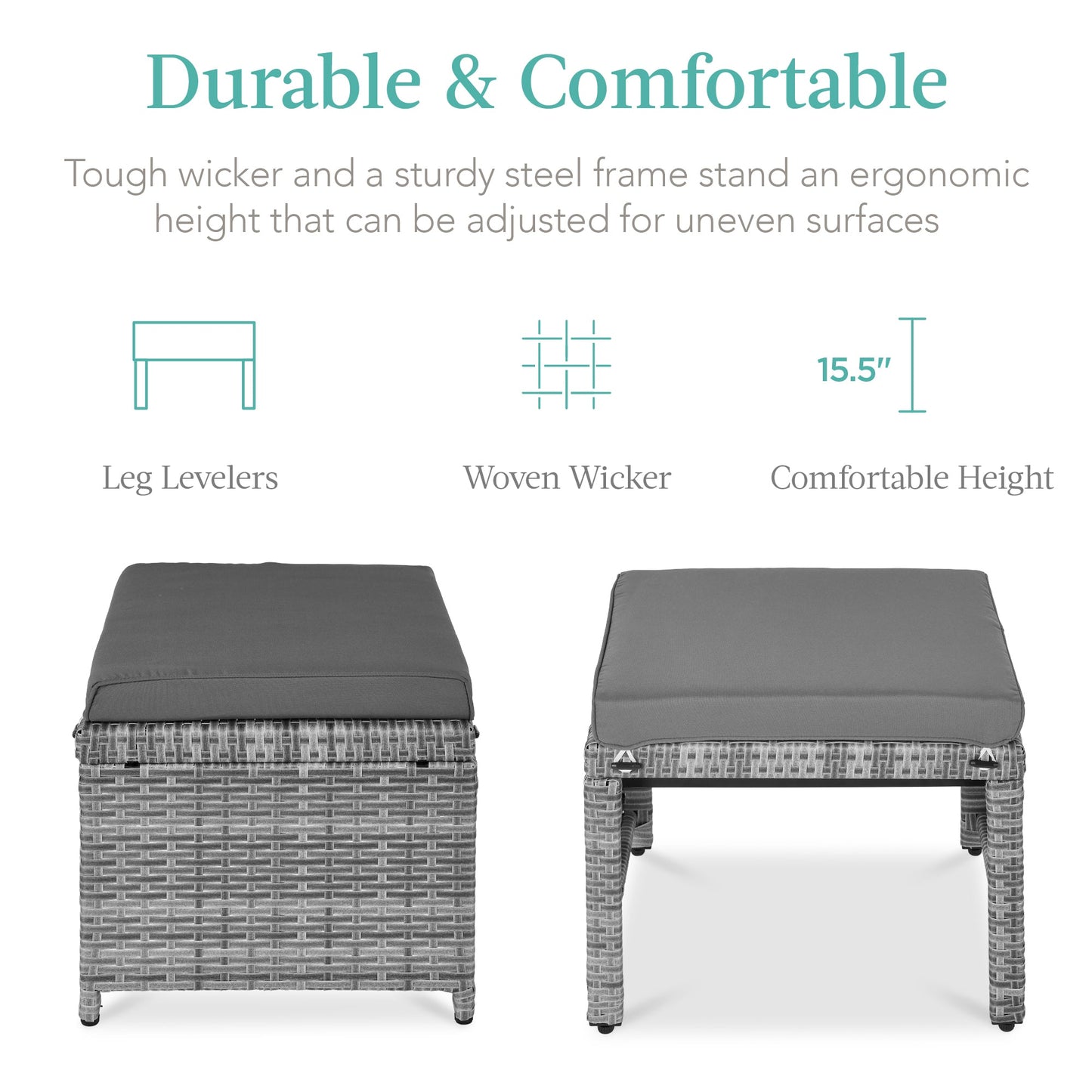 Set of 2 Multipurpose Wicker Ottomans w/ Removable Cushions, Steel Frame