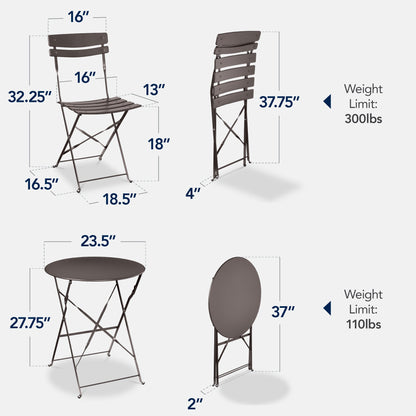 3-Piece Small Folding Patio Bistro Set w/ 2 Chairs