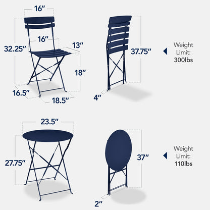 3-Piece Small Folding Patio Bistro Set w/ 2 Chairs