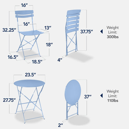 3-Piece Small Folding Patio Bistro Set w/ 2 Chairs