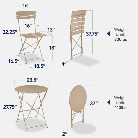 3-Piece Small Folding Patio Bistro Set w/ 2 Chairs