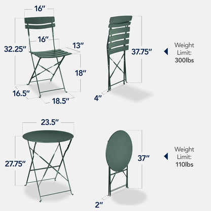 3-Piece Small Folding Patio Bistro Set w/ 2 Chairs