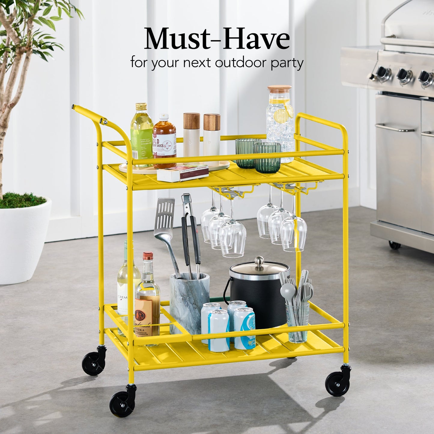 2-Tier Rolling Bar Cart Indoor/Outdoor w/ Shelves, Wine Rack, Locking Wheels