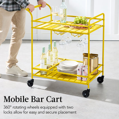 2-Tier Rolling Bar Cart Indoor/Outdoor w/ Shelves, Wine Rack, Locking Wheels