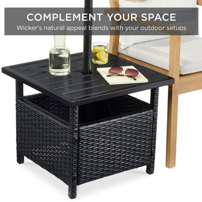 Outdoor Wicker Patio Side Table Accent Furniture w/ Umbrella Hole