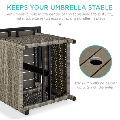 Outdoor Wicker Patio Side Table Accent Furniture w/ Umbrella Hole