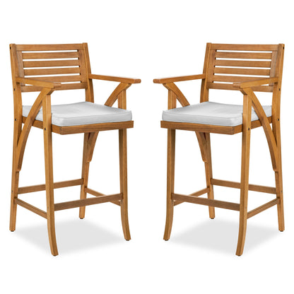 Set of 2 Outdoor Acacia Wood Bar Stools Chairs w/ Weather-Resistant Cushions