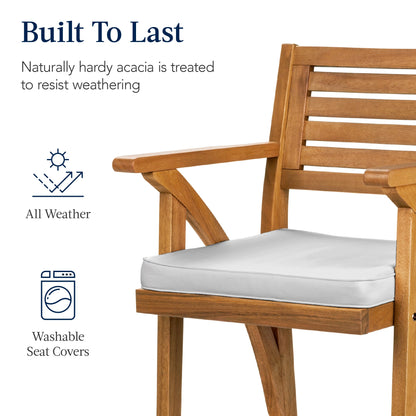Set of 2 Outdoor Acacia Wood Bar Stools Chairs w/ Weather-Resistant Cushions