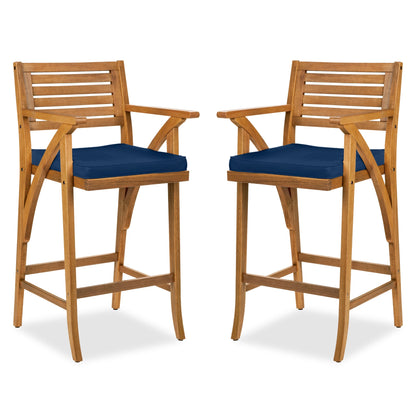 Set of 2 Outdoor Acacia Wood Bar Stools Chairs w/ Weather-Resistant Cushions