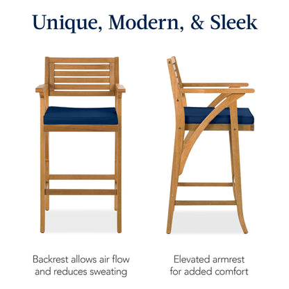 Set of 2 Outdoor Acacia Wood Bar Stools Chairs w/ Weather-Resistant Cushions