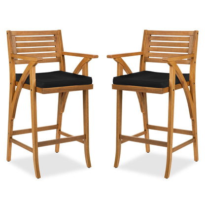 Set of 2 Outdoor Acacia Wood Bar Stools Chairs w/ Weather-Resistant Cushions