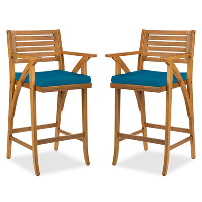 Set of 2 Outdoor Acacia Wood Bar Stools Chairs w/ Weather-Resistant Cushions