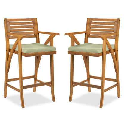 Set of 2 Outdoor Acacia Wood Bar Stools Chairs w/ Weather-Resistant Cushions