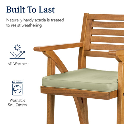 Set of 2 Outdoor Acacia Wood Bar Stools Chairs w/ Weather-Resistant Cushions