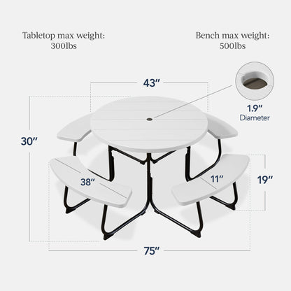 8-Person Circular Picnic Table w/ Umbrella Hole, 4 Benches