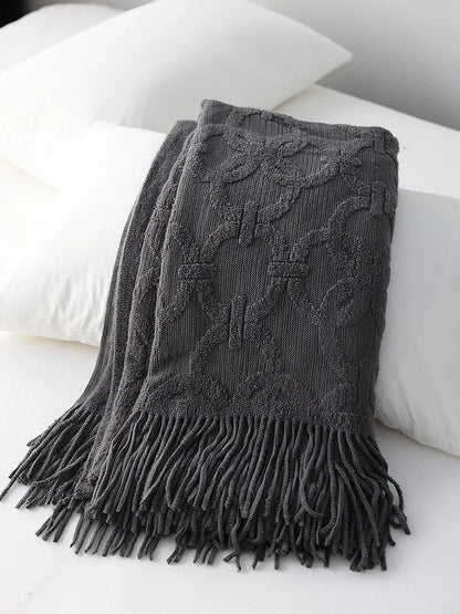 Large Knitted Jacquard Blanket Throw - White, Grey, Brown & Terracotta