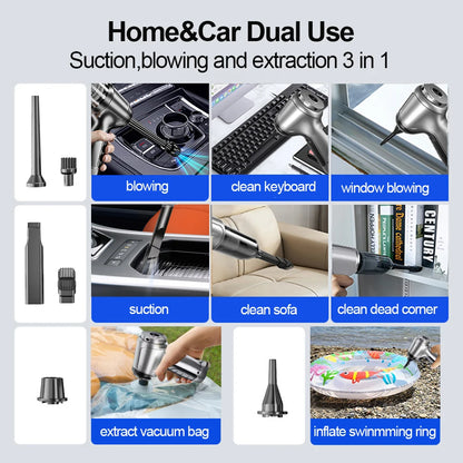 Portable Car Vacuum Cleaner – Wireless Handheld 95000PA Suction with Blower