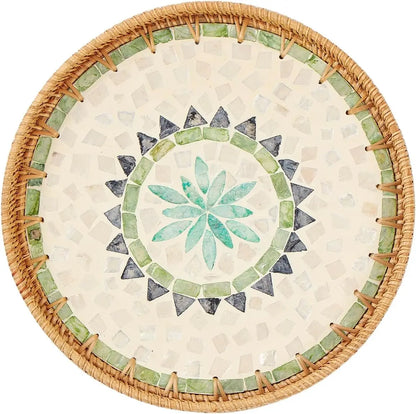 Natural Rattan Serving Tray with Decorative Stones - 5 Variants