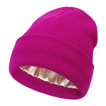 Unisex Satin-Lined Beanie Hat – Anti-Static Silk Lining Warm Knit Skull Cap for Winter & Hair Protection