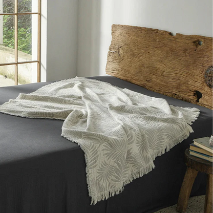 Pure Muslin Cotton Throw with Decorative Pattern & Tassels - White, Beige, Grey & Pink