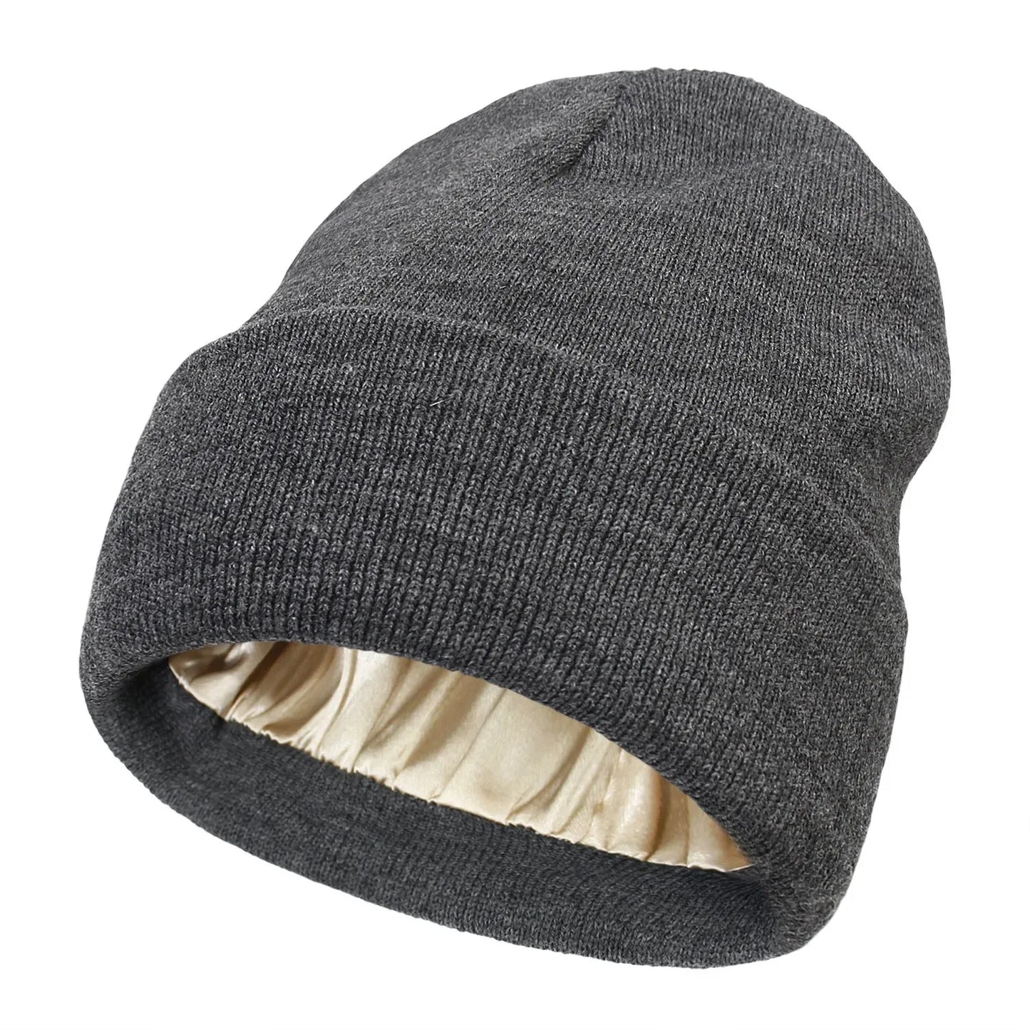 Unisex Satin-Lined Beanie Hat – Anti-Static Silk Lining Warm Knit Skull Cap for Winter & Hair Protection