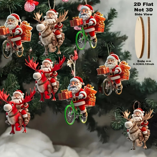 Christmas Wooden Santa Ornaments – 8/16/24pcs 2D Flat Bicycle Pendant Tree Decorations & Holiday Gift Set