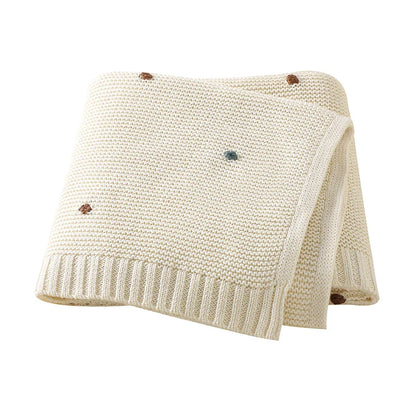 Knitted Cotton Swaddle Blanket for Baby with Colourful Knot Detail - Ivory, Beige, Pink & Bluish Grey