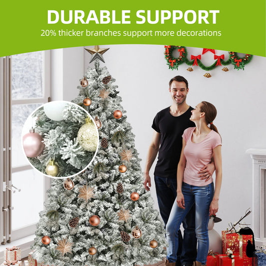 Balconera 6ft Pre-Lit Flocked Christmas Tree – 800 Tips & 250 LED Lights with 8 Modes and Foldable Base