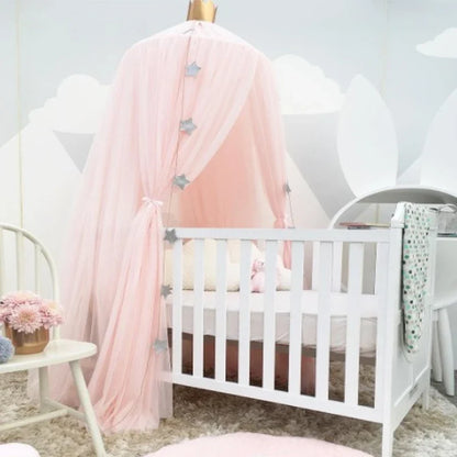 Kids Tulle Bed Canopy with Star Decoration - White, Beige, Pink, Grey, Blue & Purple