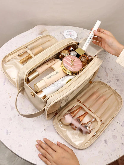 Large Capacity PU Leather Makeup Bag – Portable Double Zipper Travel Cosmetic & Toiletry Organizer for Women