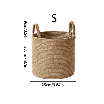 Handmade Round Woven Cotton Rope Foldable Basket with Handles - Beige & White