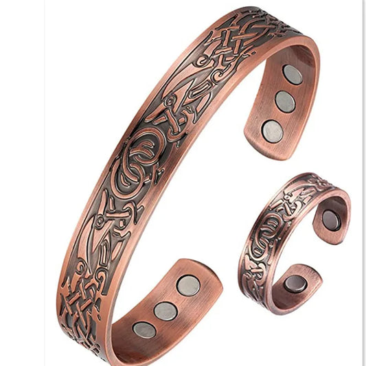 Vintage Copper Magnetic Bracelet Set – European Double Ring Pattern Energy Cuff Jewelry for Men & Women