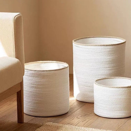 White Handmade Round Woven Cotton Rope Foldable Basket with Beige Rim - 3 Sizes
