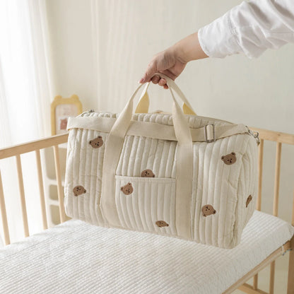 Large White Embroidery Baby Nappy Changing Washbag with Shoulder Strap - Bear