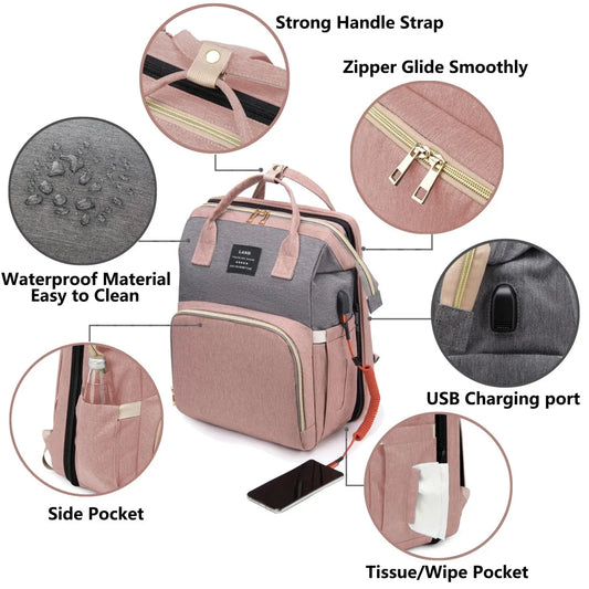 Mommy Bag with Foldable Crib – Large-Capacity Travel Maternity Backpack for Baby Care