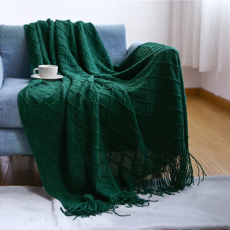 Nordic Knitted Crocheted Diamond Jacquard Throw Blanket with Tassels - 9 Colours